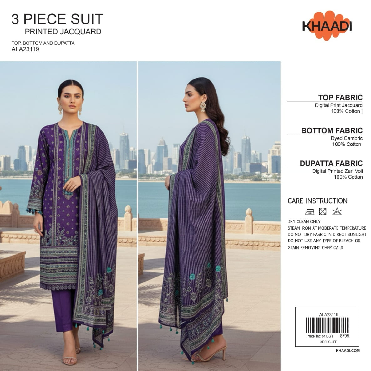 Elegant 3 Piece Printed Jacquard Suit ALA23119– Top, Bottom & Dupatta
