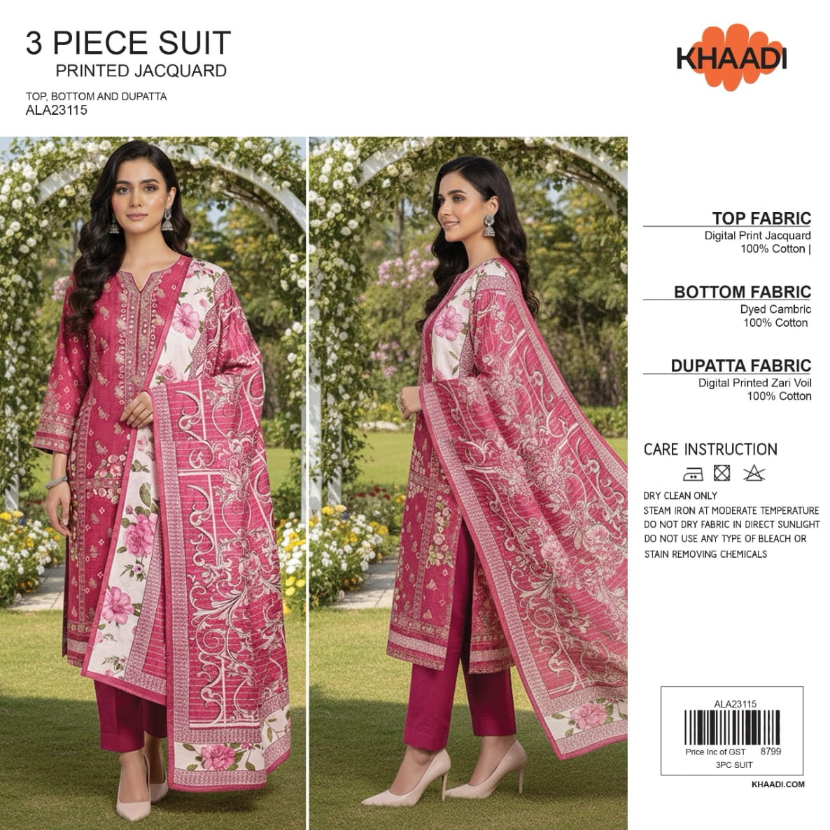 Elegant 3 Piece Printed Jacquard Suit ALA23115– Top, Bottom & Dupatta