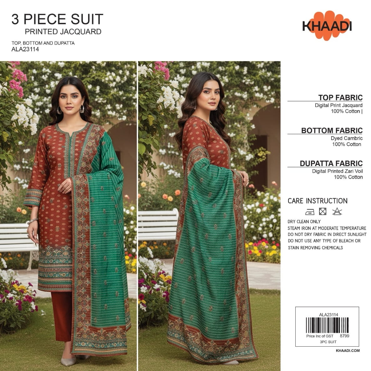 Elegant 3 Piece Printed Jacquard Suit ALA23114– Top, Bottom & Dupatta