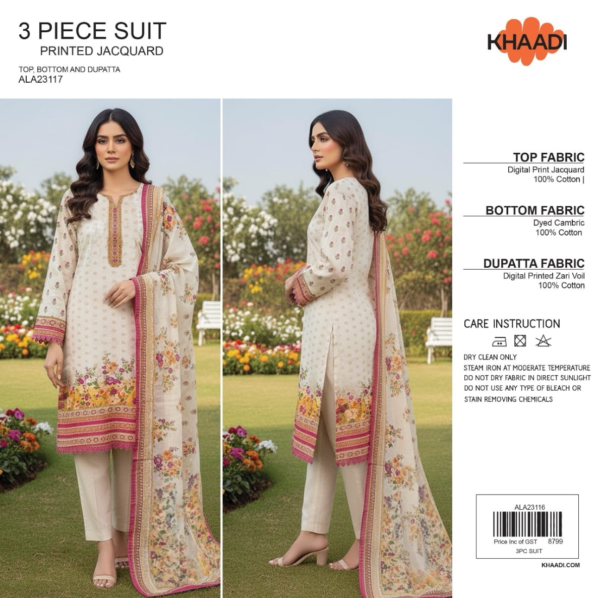 Elegant 3 Piece Printed Jacquard Suit ALA23117– Top, Bottom & Dupatta