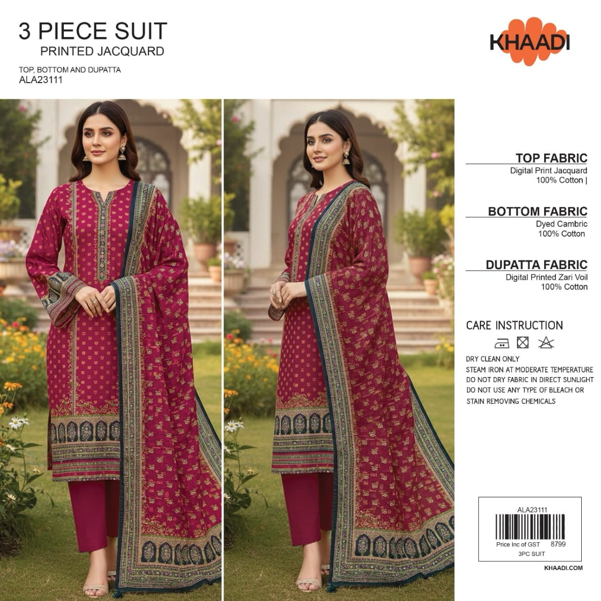 Elegant 3 Piece Printed Jacquard Suit ALA23111 – Top, Bottom & Dupatta