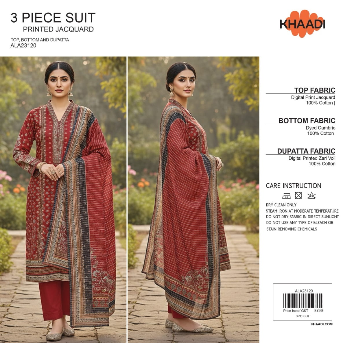 Elegant 3 Piece Printed Jacquard Suit ALA23120– Top, Bottom & Dupatta
