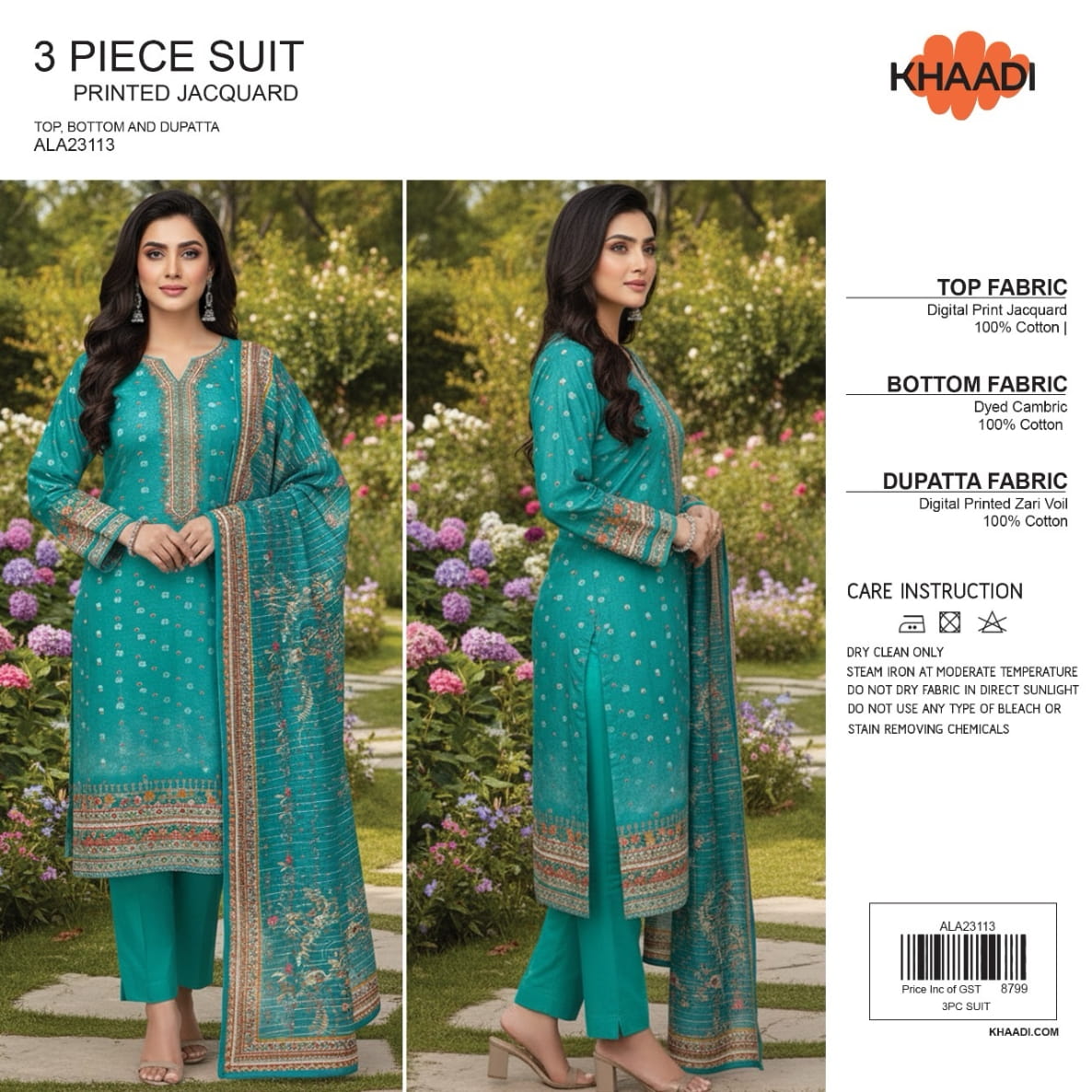 Elegant 3 Piece Printed Jacquard Suit ALA23113– Top, Bottom & Dupatta