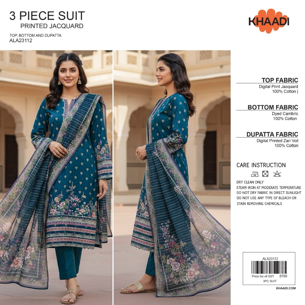 Elegant 3 Piece Printed Jacquard Suit ALA23112– Top, Bottom & Dupatta