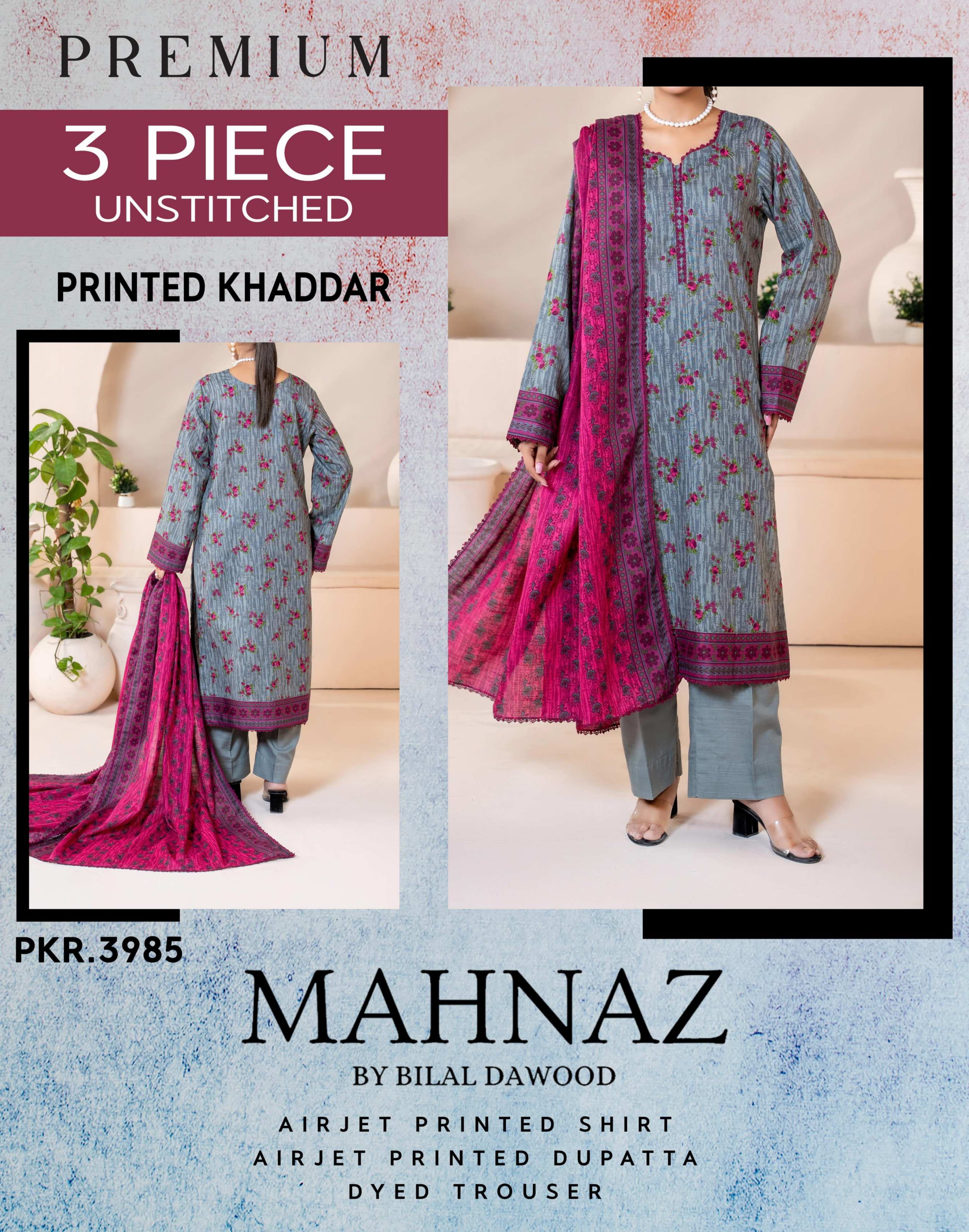 Mahnaz Premium Khaddar 3 Piece Suit – Top, Bottom & Dupatta