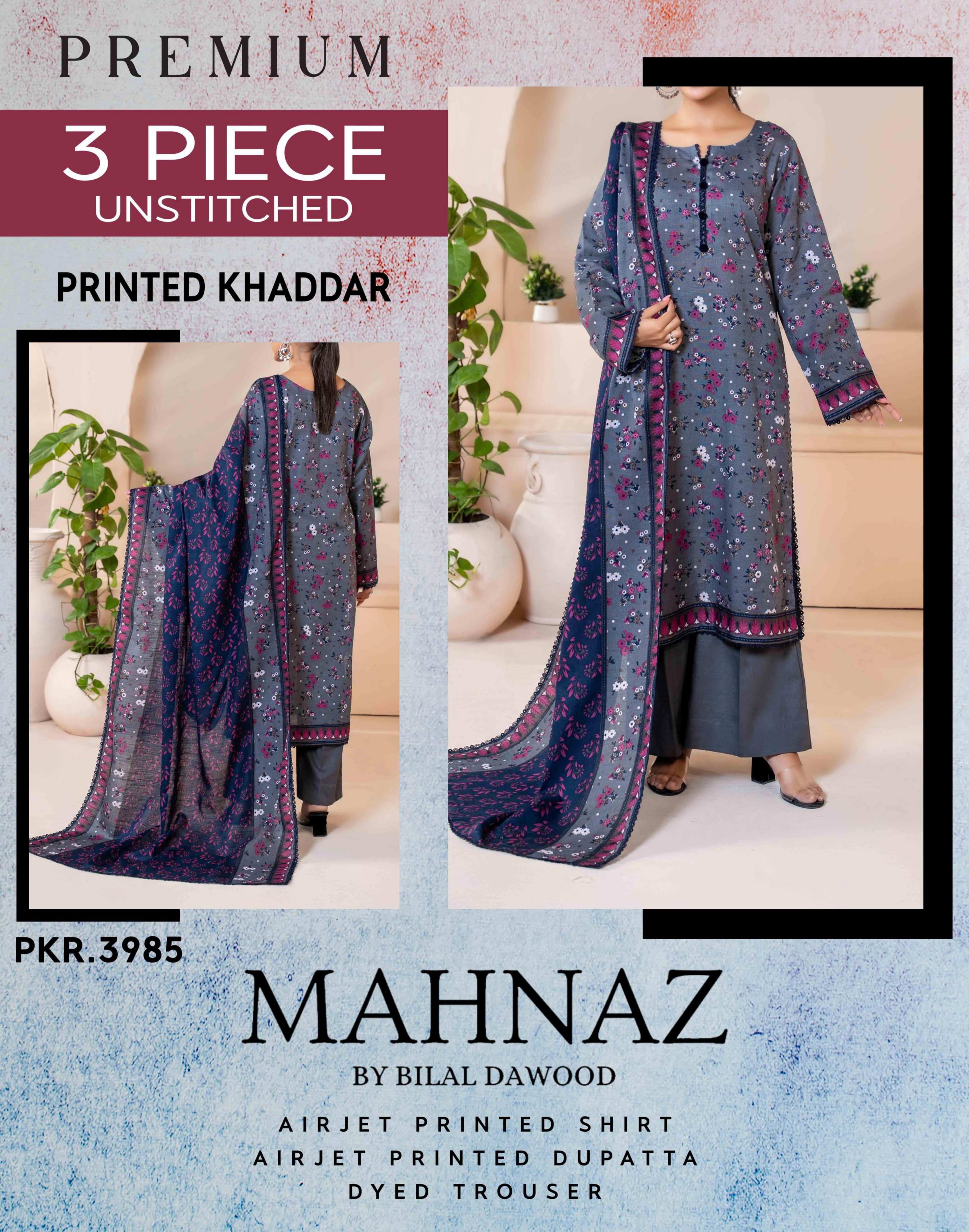 Mahnaz Premium Khaddar 3 Piece Suit – Top, Bottom & Dupatta