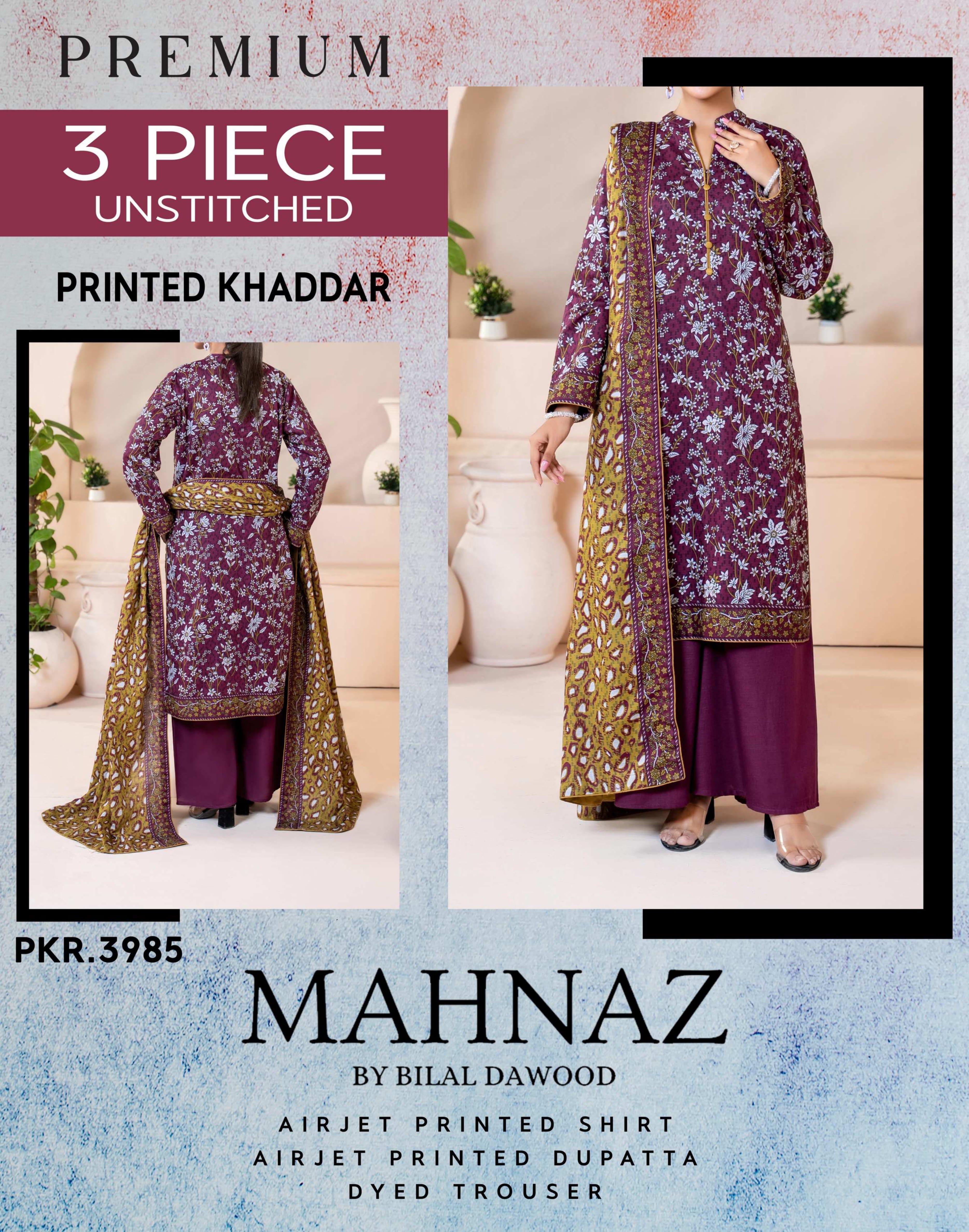 Mahnaz Premium Khaddar 3 Piece Suit – Top, Bottom & Dupatta