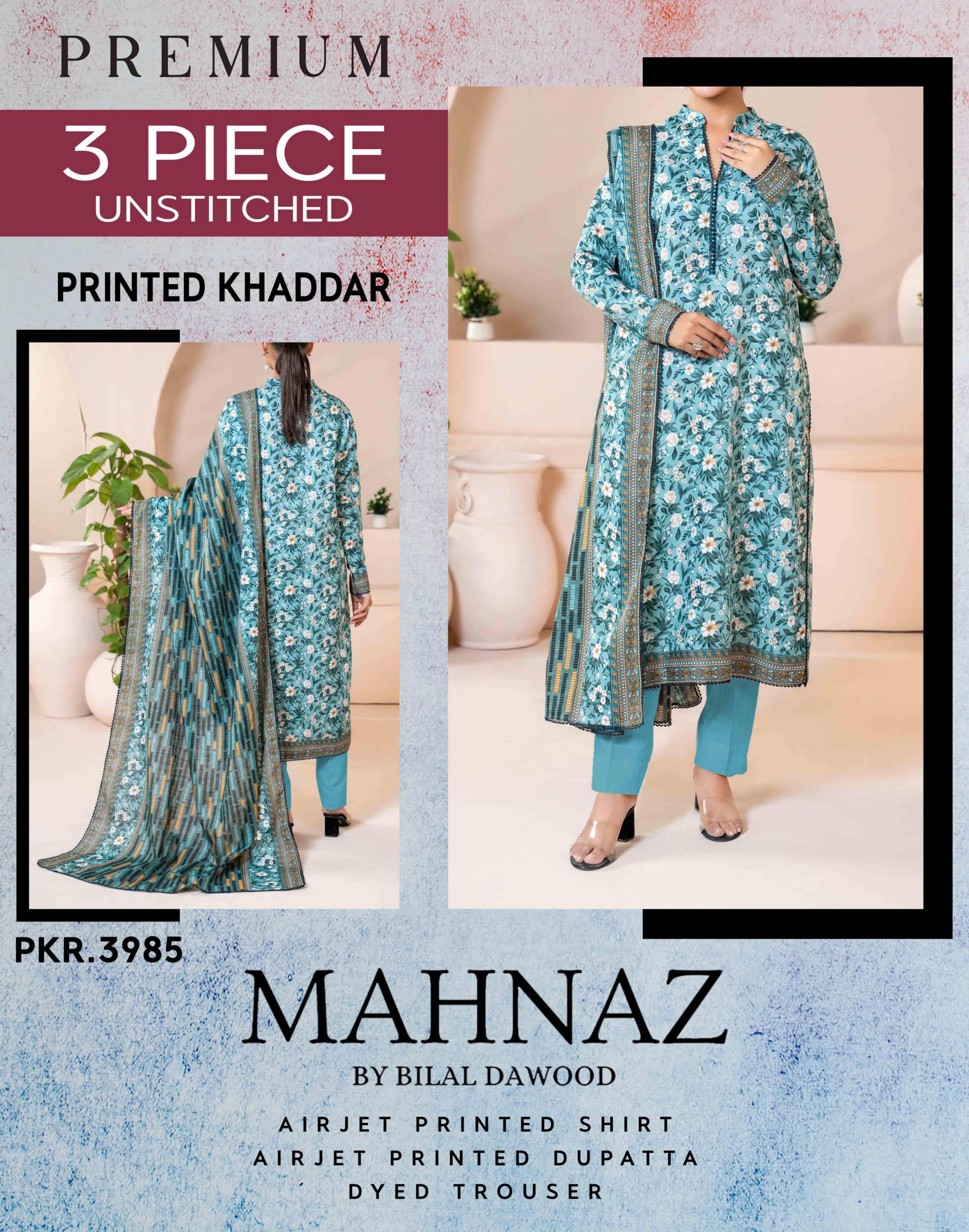 Mahnaz Premium Khaddar 3 Piece Suit – Top, Bottom & Dupatta