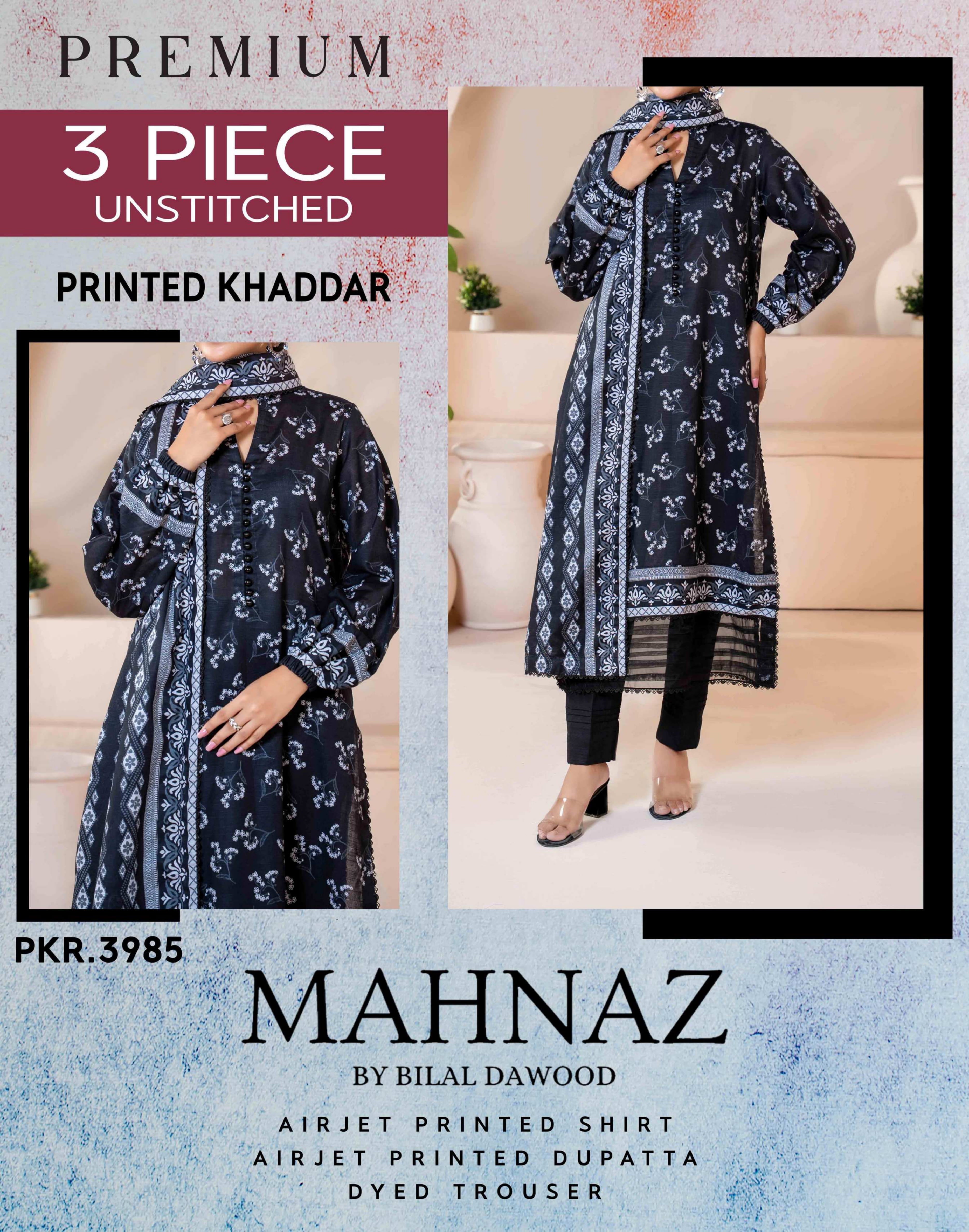 Mahnaz Premium Khaddar 3 Piece Suit – Top, Bottom & Dupatta
