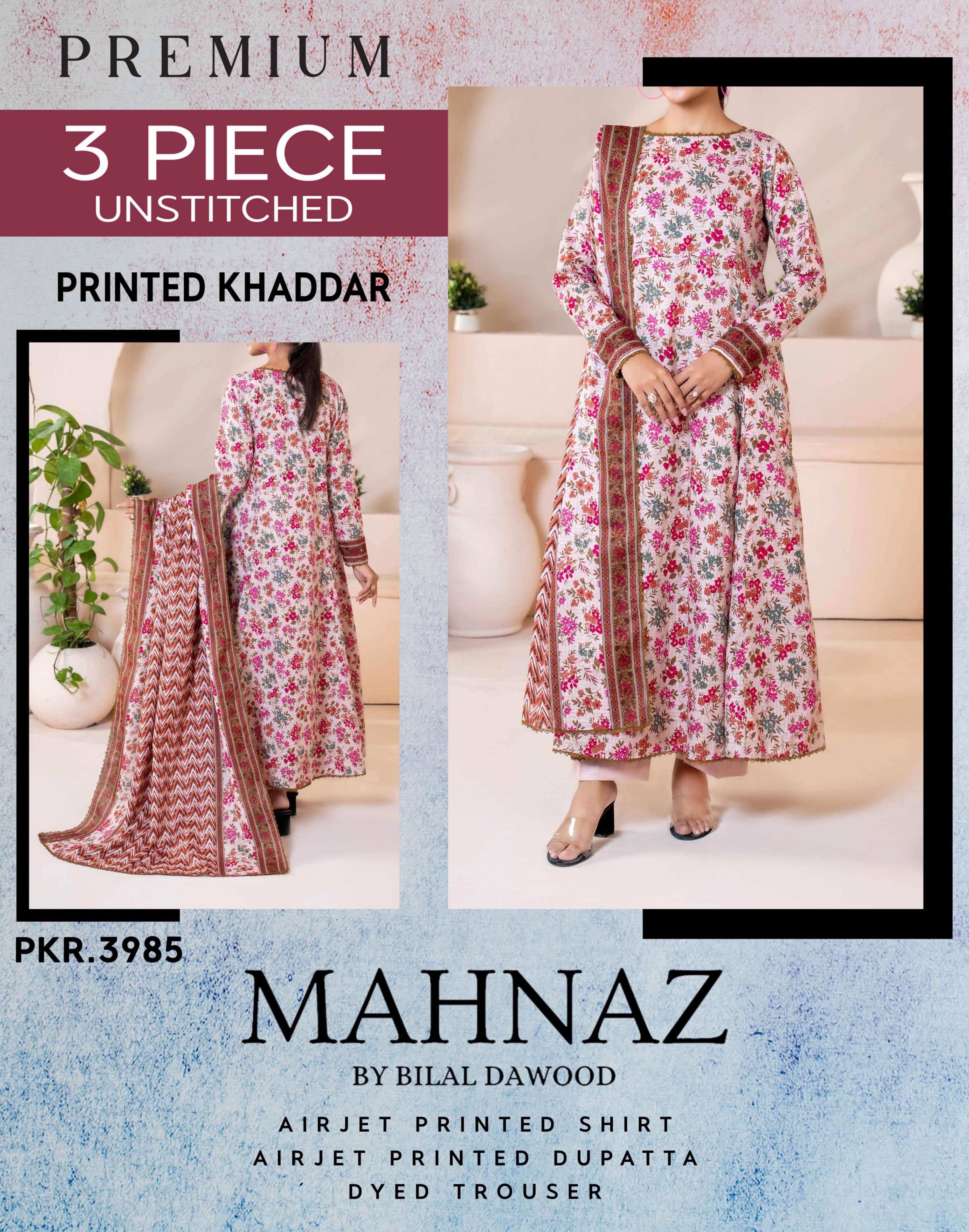 Mahnaz Premium Khaddar 3 Piece Suit – Top, Bottom & Dupatta