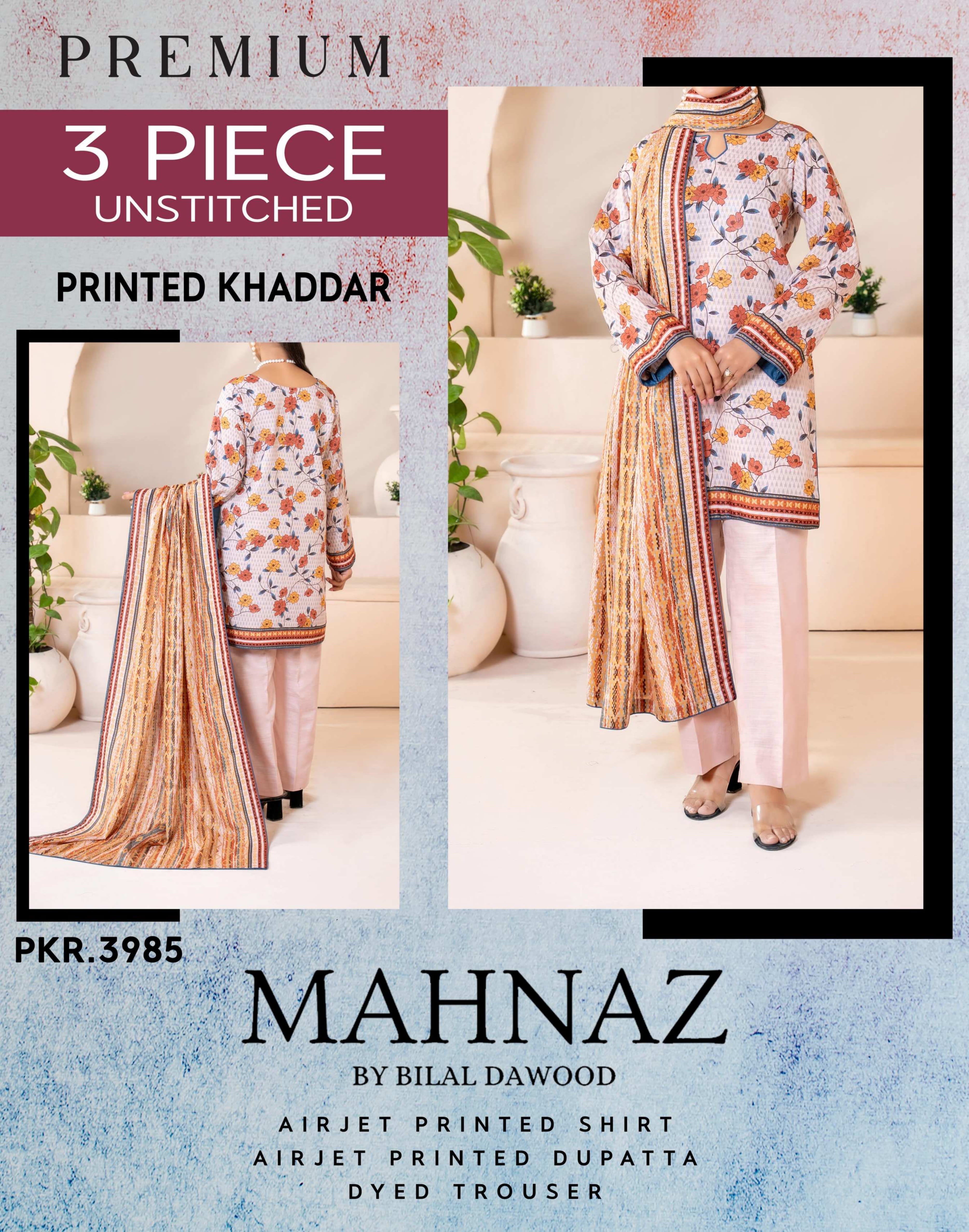 Mahnaz Premium Khaddar 3 Piece Suit – Top, Bottom & Dupatta