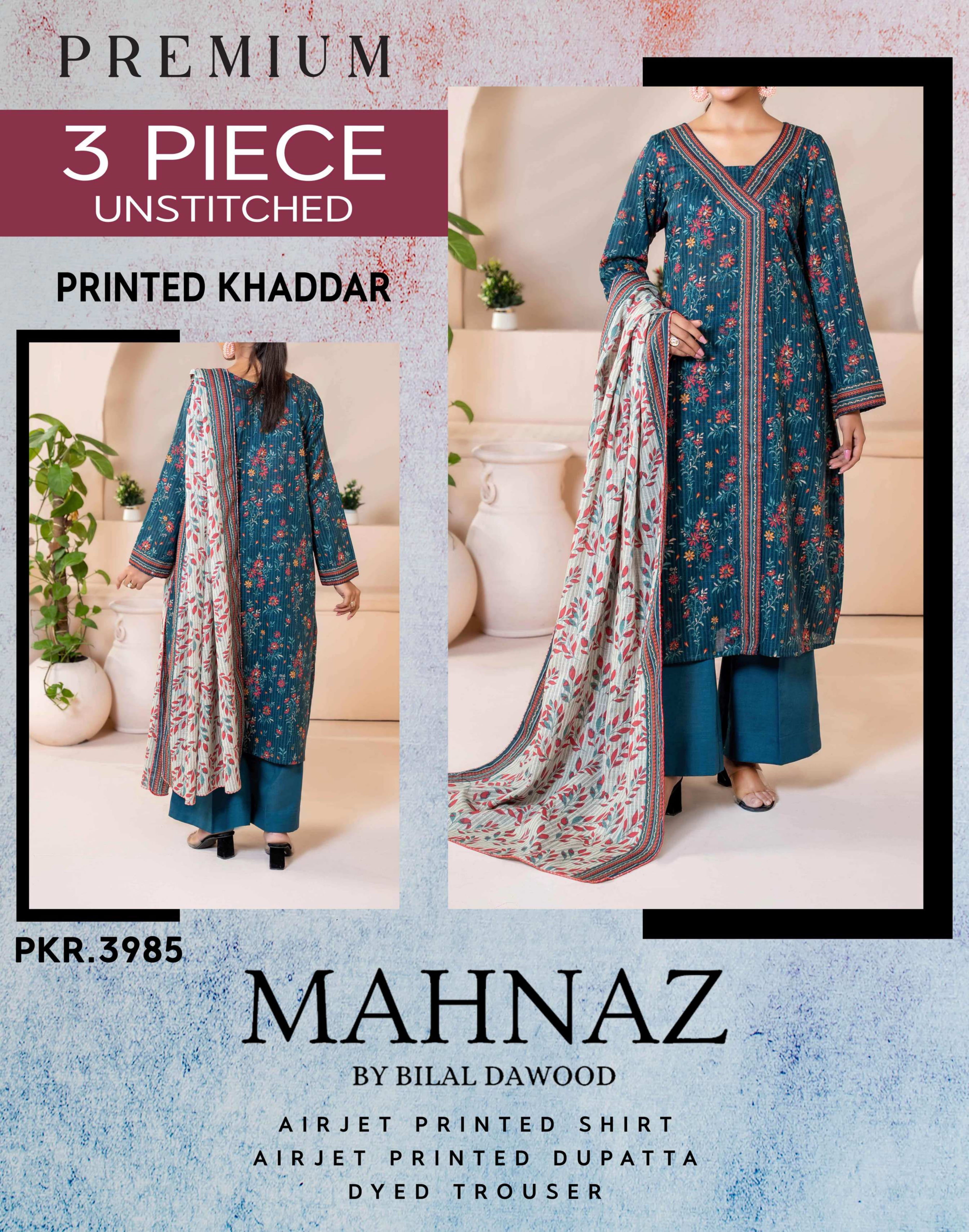 Mahnaz Premium Khaddar 3 Piece Suit – Top, Bottom & Dupatta