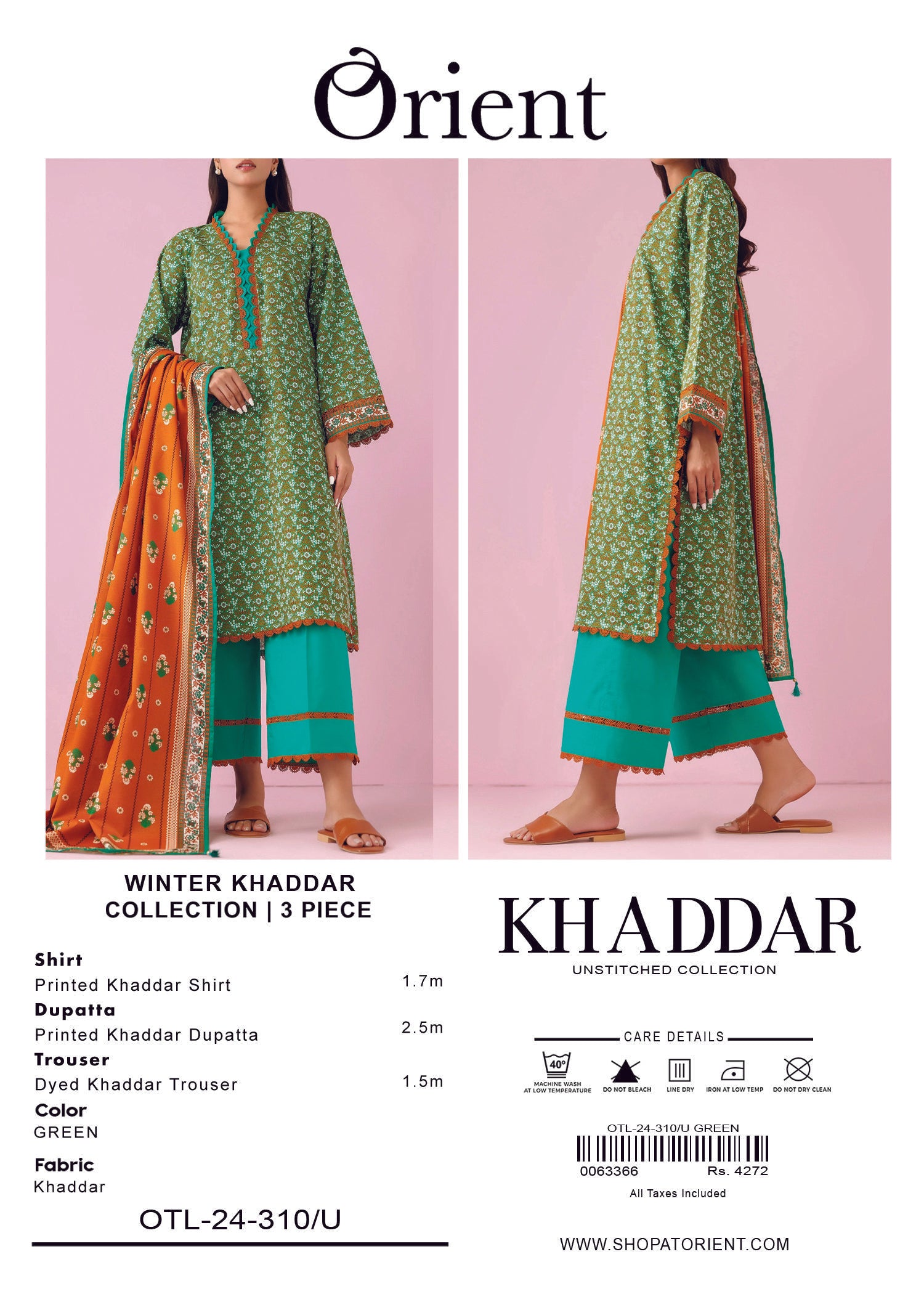 Elegant Orient Khaddar 3 Piece Suit – Shirt, Trouser & Dupatta