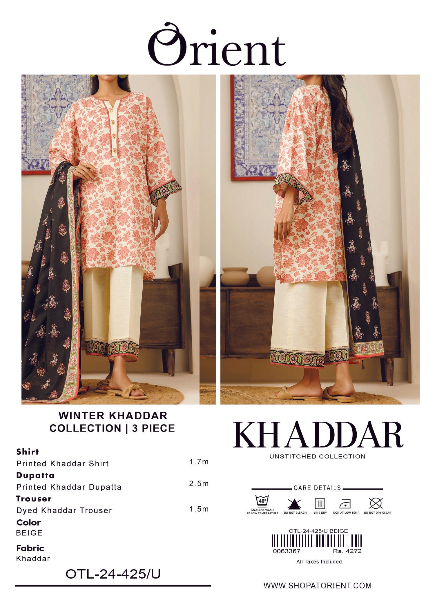 Elegant Orient Khaddar 3 Piece Suit – Shirt, Trouser & Dupatta