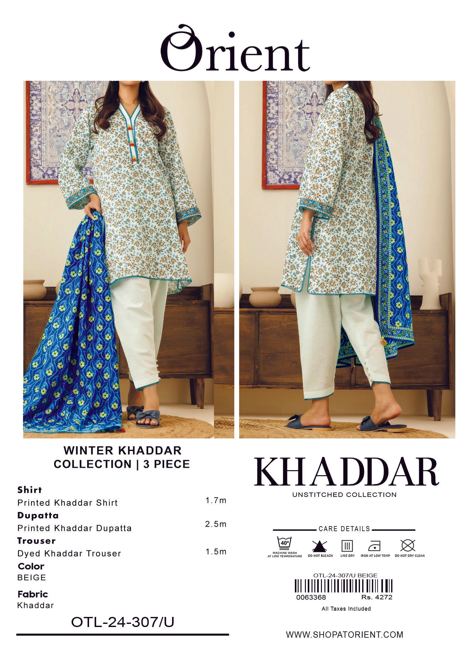 Elegant Orient Khaddar 3 Piece Suit – Shirt, Trouser & Dupatta