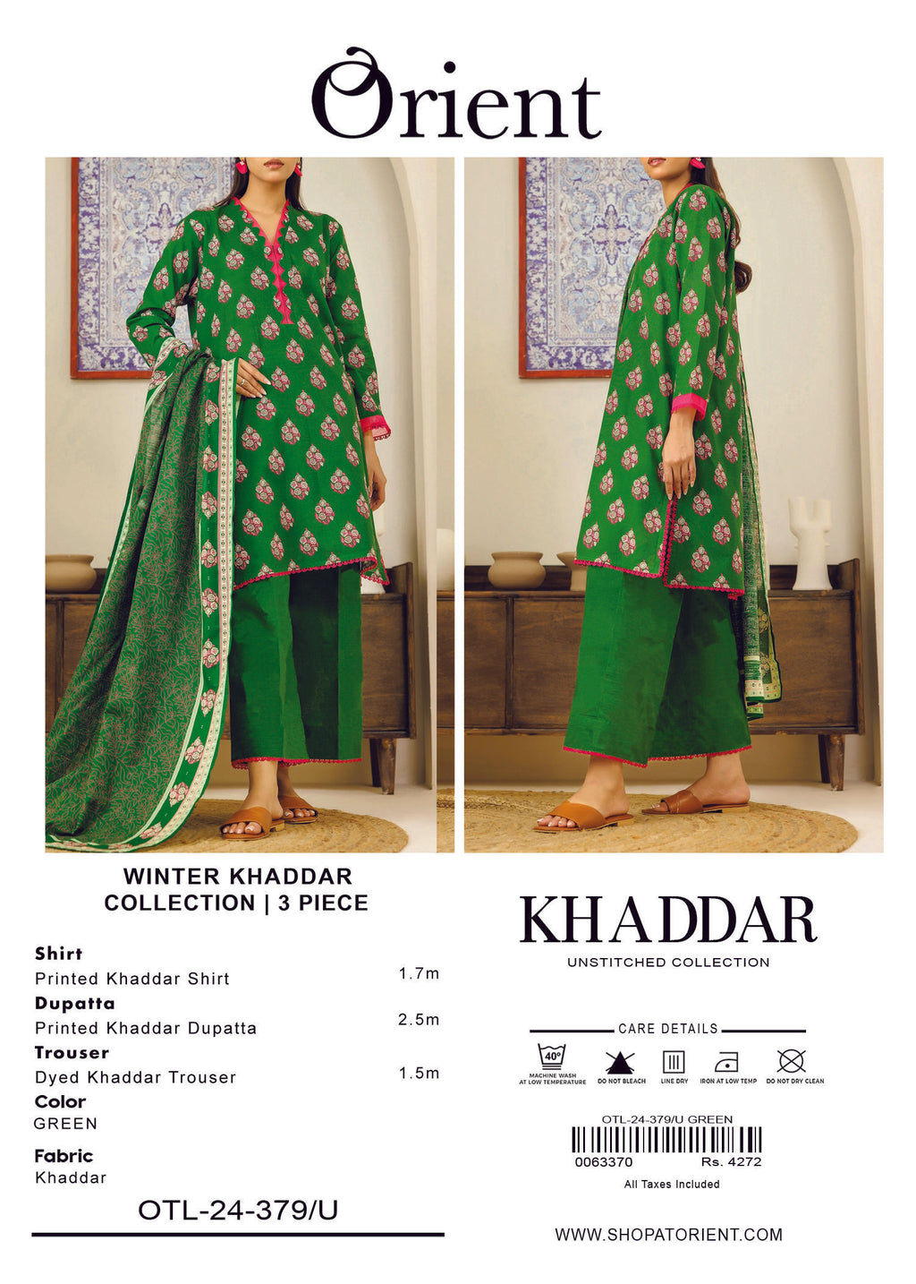 Elegant Orient Khaddar 3 Piece Suit – Shirt, Trouser & Dupatta