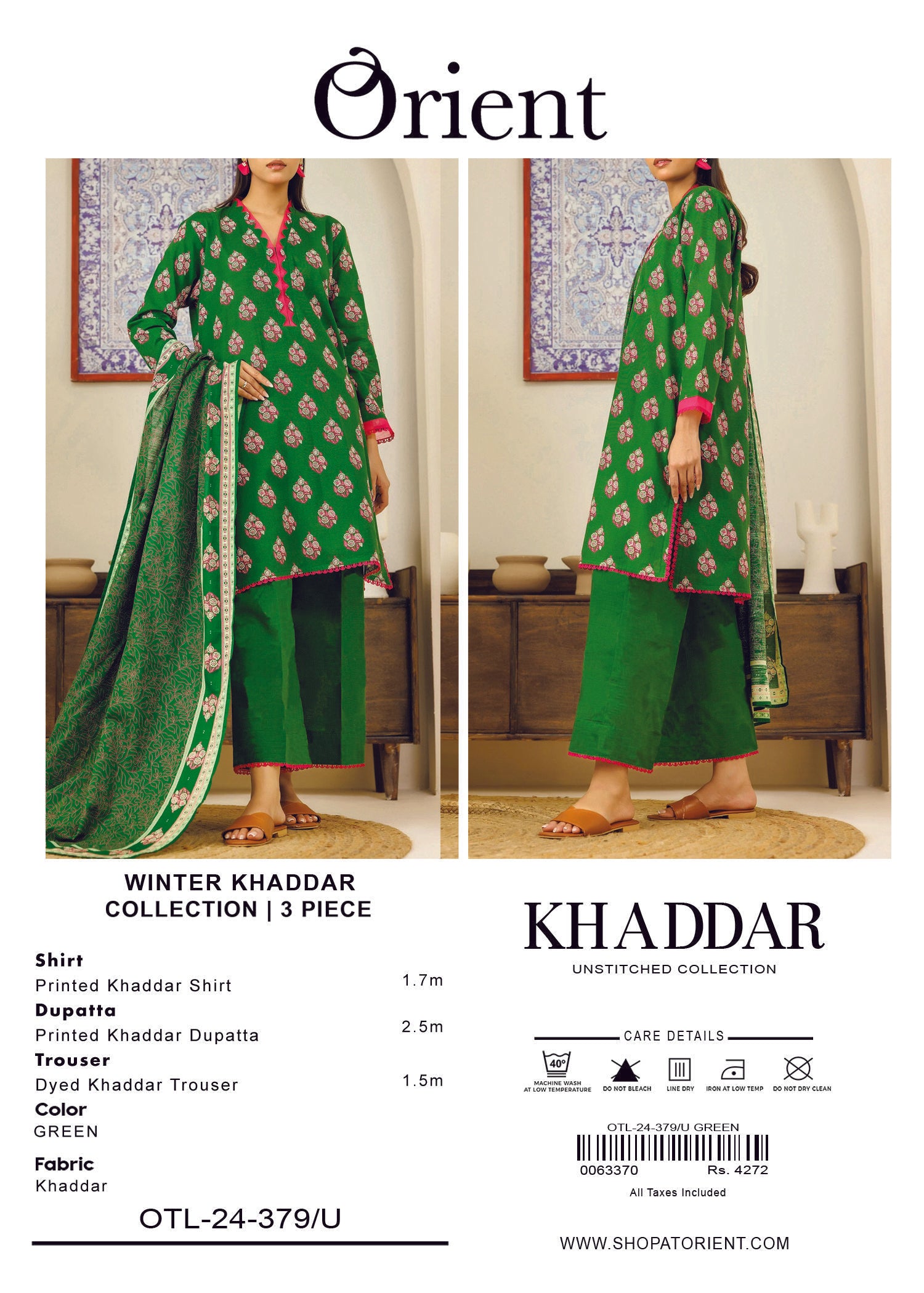 Elegant Orient Khaddar 3 Piece Suit – Shirt, Trouser & Dupatta