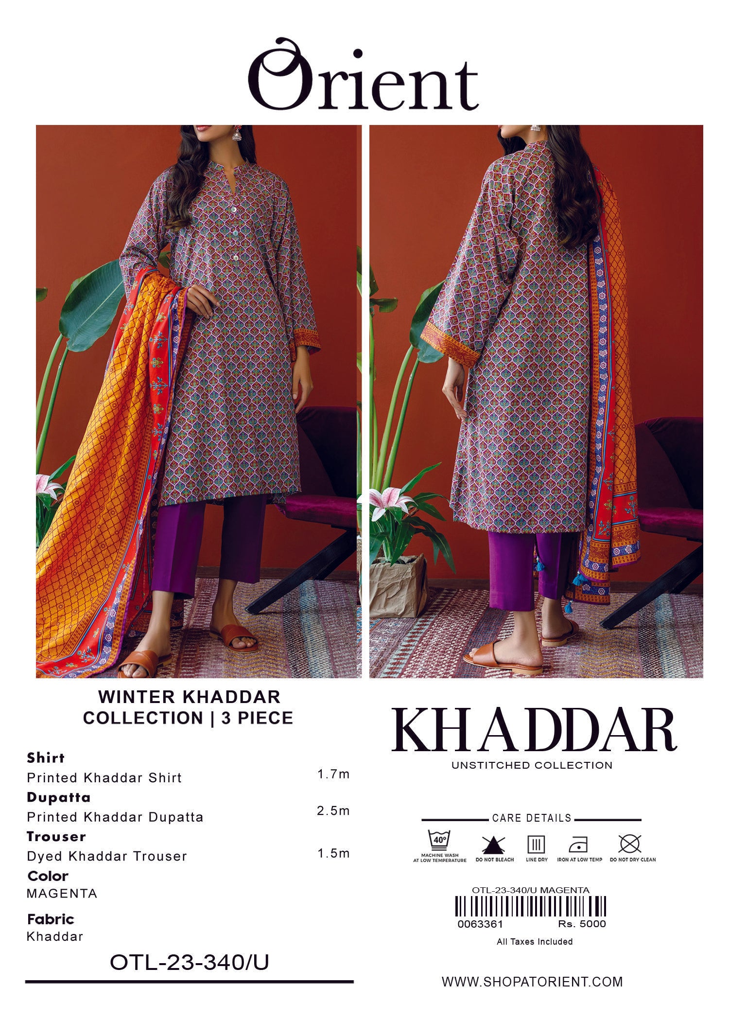 Elegant Orient Khaddar 3 Piece Suit – Shirt, Trouser & Dupatta