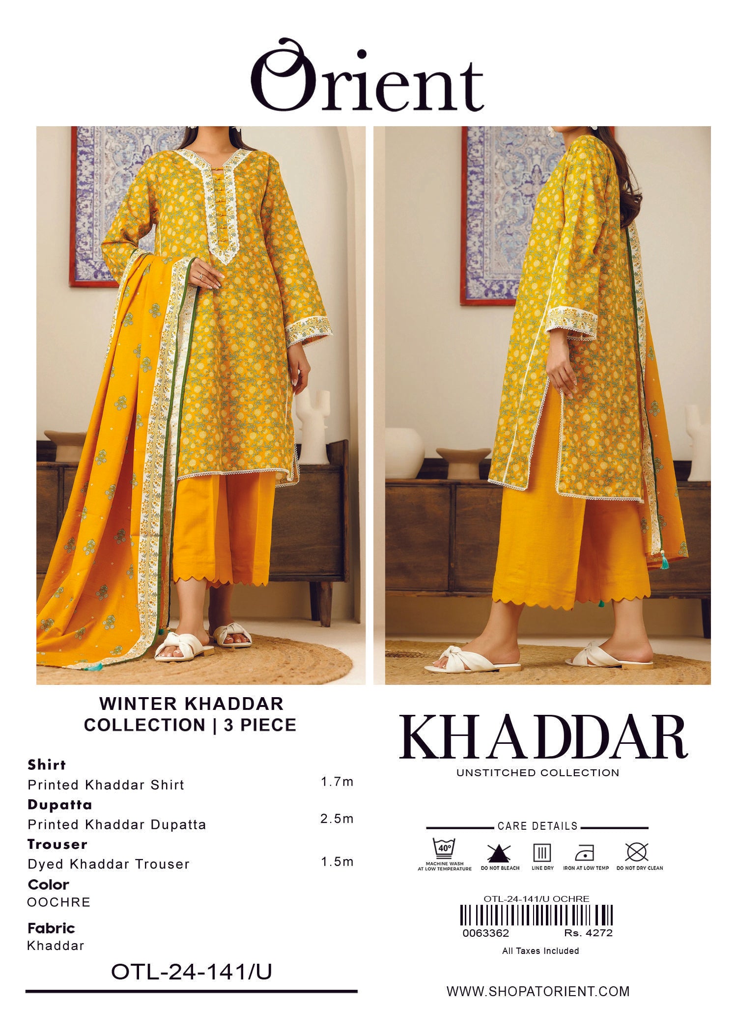 Elegant Orient Khaddar 3 Piece Suit – Shirt, Trouser & Dupatta
