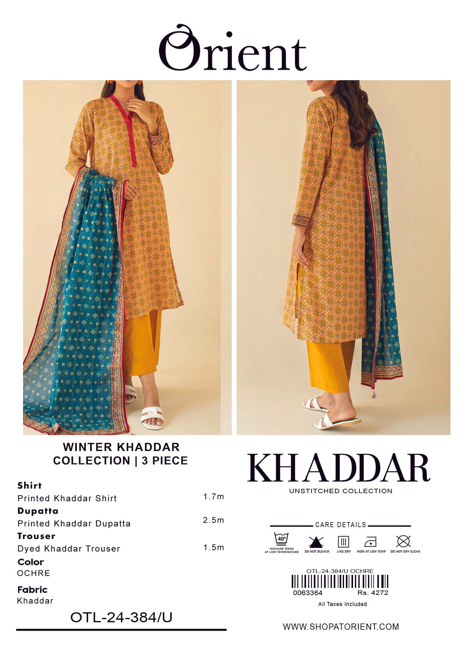 Elegant Orient Khaddar 3 Piece Suit – Shirt, Trouser & Dupatta